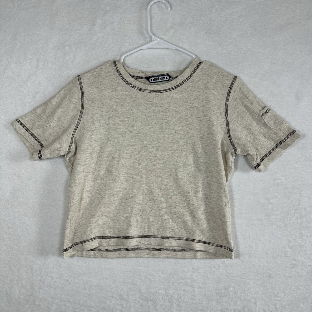 Next Era Y2K Baby Tee Womens Small Beige Cropped Fitted Contrast Stitch Top